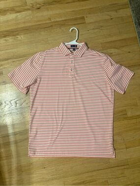NWOT Stitch Golf Men's Striped Performance Polo in Coral and White